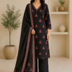 Ladies Black Rust Triangle Print Cotton Suit Set
