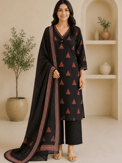 Ladies Black Rust Triangle Print Cotton Suit Set