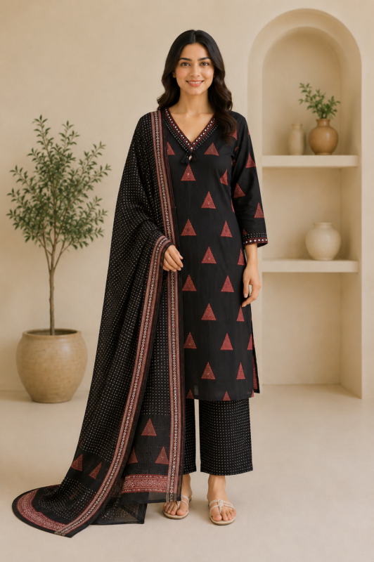Ladies Black Rust Triangle Print Cotton Suit Set