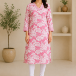 Ladies Blush Pink Floral Print Cotton Kurti