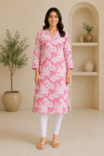 Ladies Blush Pink Floral Print Cotton Kurti