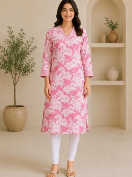 Ladies Blush Pink Floral Print Cotton Kurti