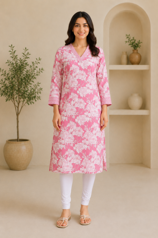 Ladies Blush Pink Floral Print Cotton Kurti