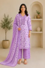 Ladies Lavender Floral Print Cotton Suit Set