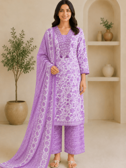Ladies Lavender Floral Print Cotton Suit Set