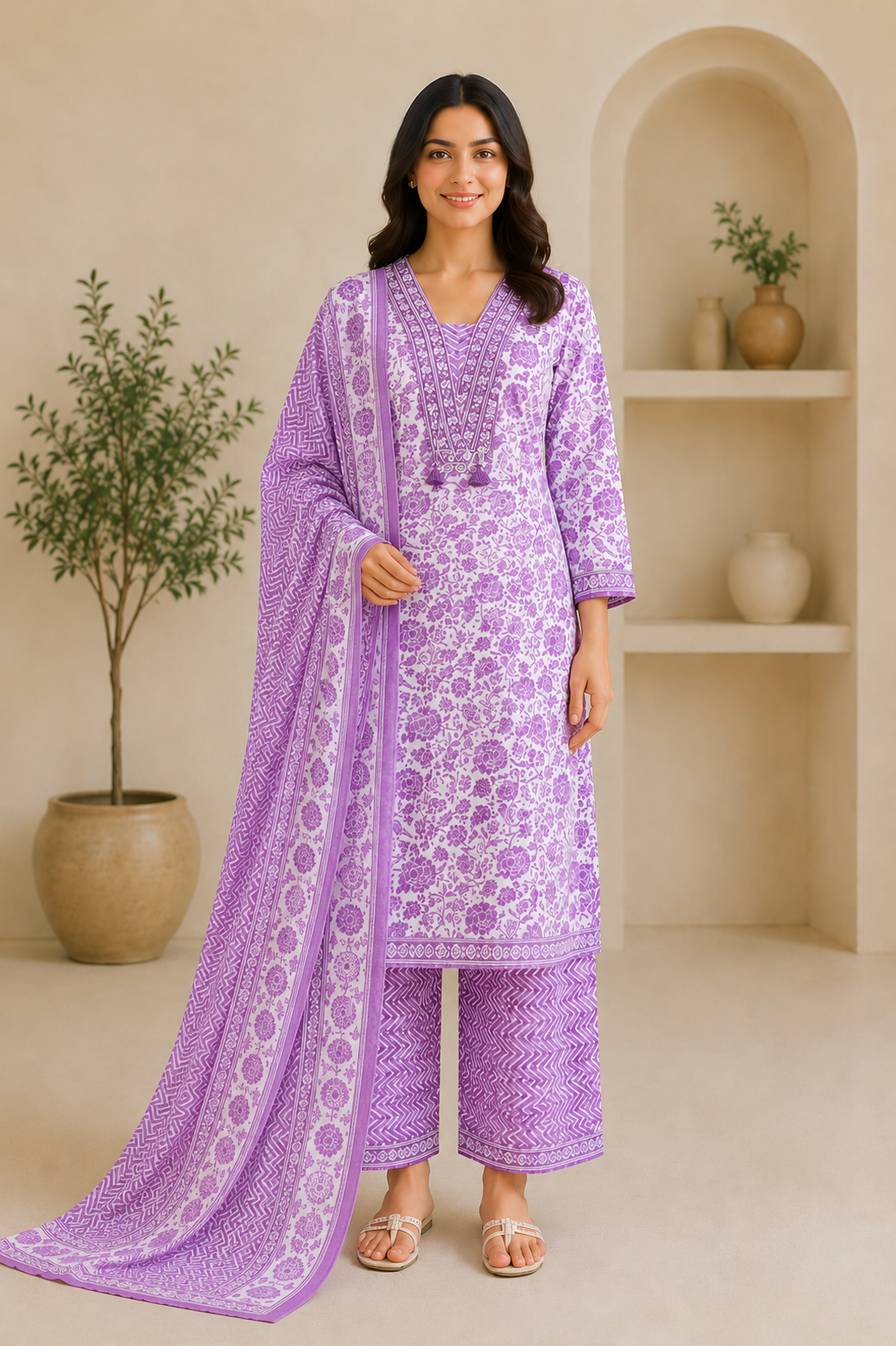 Ladies Lavender Floral Print Cotton Suit Set Ladies Lavender Floral Print Cotton Suit Set