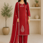 Ladies Maroon Embroidered Cotton Suit Set