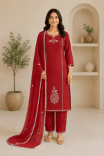 Ladies Maroon Embroidered Cotton Suit Set
