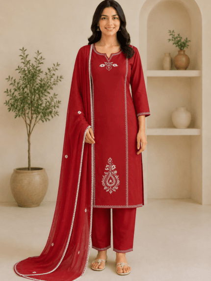 Ladies Maroon Embroidered Cotton Suit Set