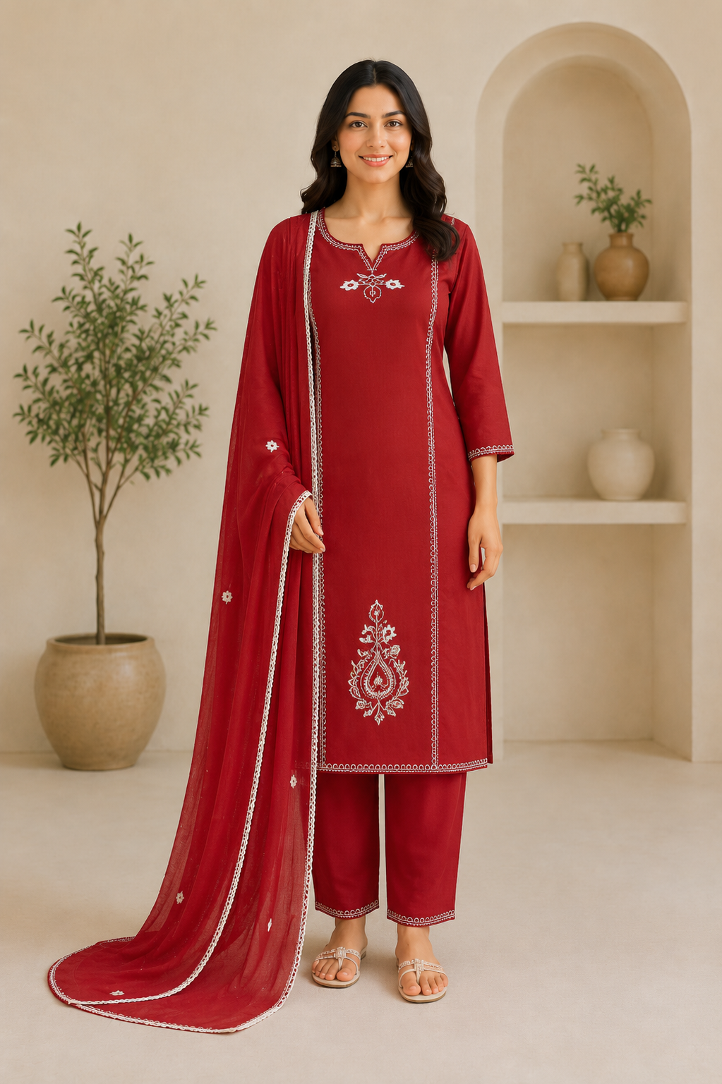 Ladies Maroon Embroidered Cotton Suit Set Ladies Maroon Embroidered Cotton Suit Set