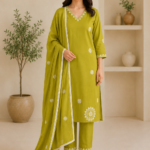Ladies Mehendi Green Embroidered Cotton Suit Set