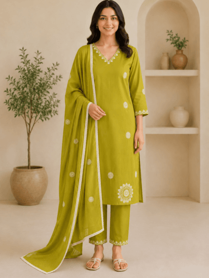 Ladies Mehendi Green Embroidered Cotton Suit Set