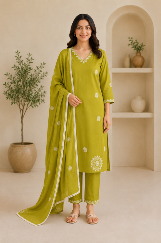 Ladies Mehendi Green Embroidered Cotton Suit Set