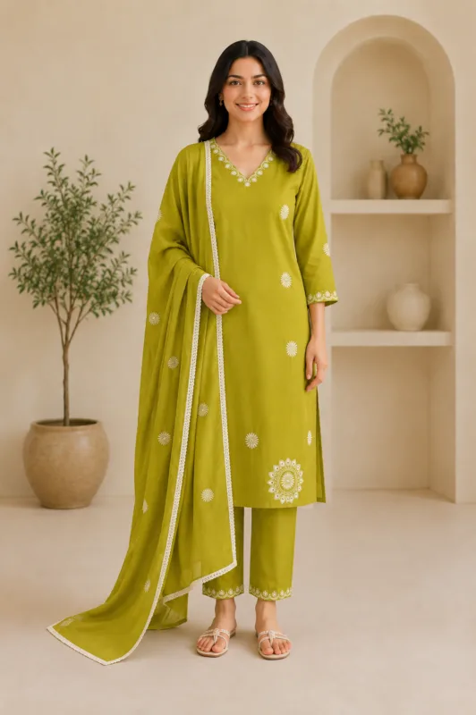 Ladies Mehendi Green Embroidered Cotton Suit Set