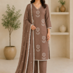 Ladies Mocha Brown Embroidered Cotton Suit Set