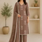 Ladies Mocha Brown Embroidered Cotton Suit Set