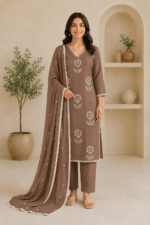 Ladies Mocha Brown Embroidered Cotton Suit Set