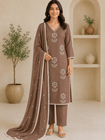 Ladies Mocha Brown Embroidered Cotton Suit Set