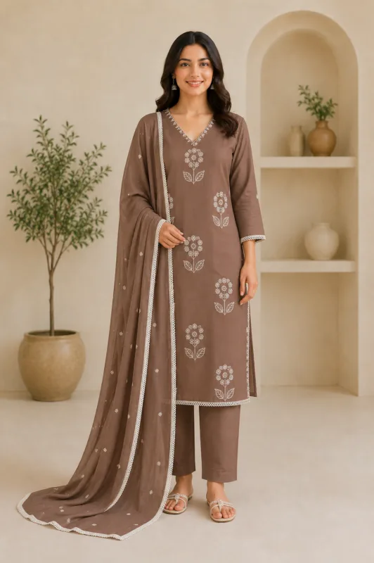 Ladies Mocha Brown Embroidered Cotton Suit Set