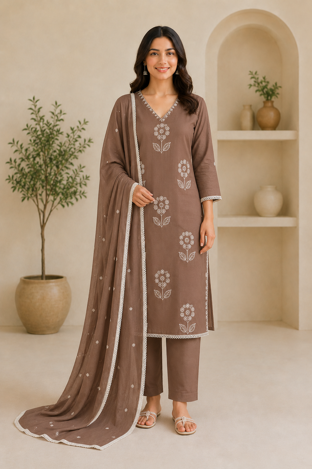 Ladies Mocha Brown Embroidered Cotton Suit Set Ladies Mocha Brown Embroidered Cotton Suit Set