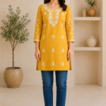 Ladies Mustard Yellow Embroidered Cotton Kurti