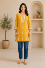 Ladies Mustard Yellow Embroidered Cotton Kurti