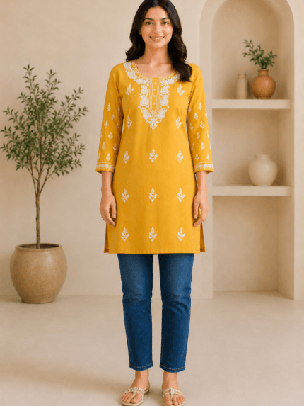 Ladies Mustard Yellow Embroidered Cotton Kurti