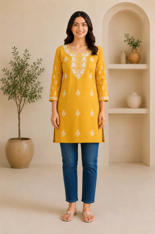 Ladies Mustard Yellow Embroidered Cotton Kurti