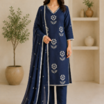 Ladies Navy Blue Embroidered Cotton Suit Set