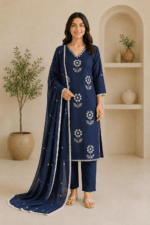 Ladies Navy Blue Embroidered Cotton Suit Set