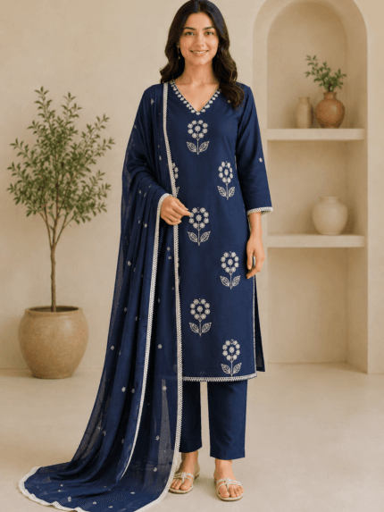 Ladies Navy Blue Embroidered Cotton Suit Set