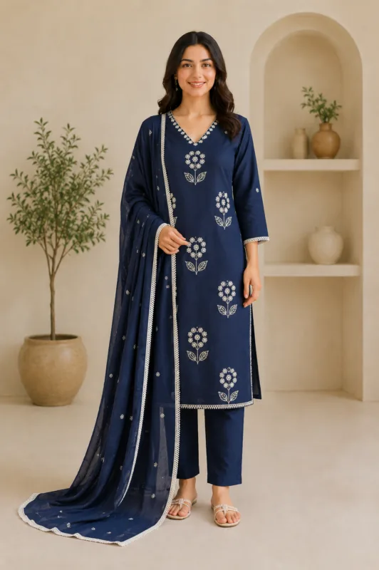 Ladies Navy Blue Embroidered Cotton Suit Set