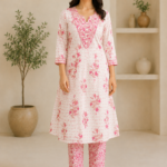 Ladies Pink Floral Print Cotton Kurta Pant Set