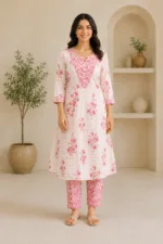 Ladies Pink Floral Print Cotton Kurta Pant Set