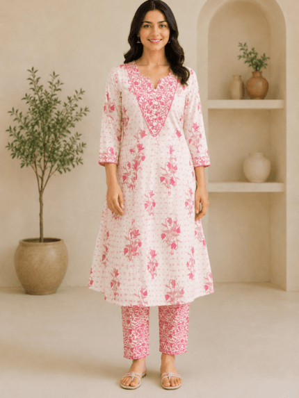 Ladies Pink Floral Print Cotton Kurta Pant Set