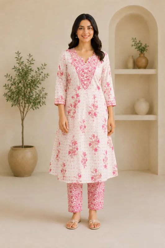 Ladies Pink Floral Print Cotton Kurta Pant Set