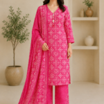 Ladies Rani Pink Bandhani Print Cotton Suit Set