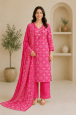 Ladies Rani Pink Bandhani Print Cotton Suit Set