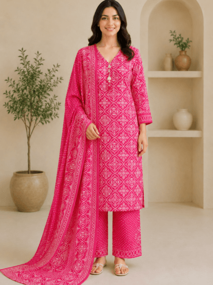 Ladies Rani Pink Bandhani Print Cotton Suit Set