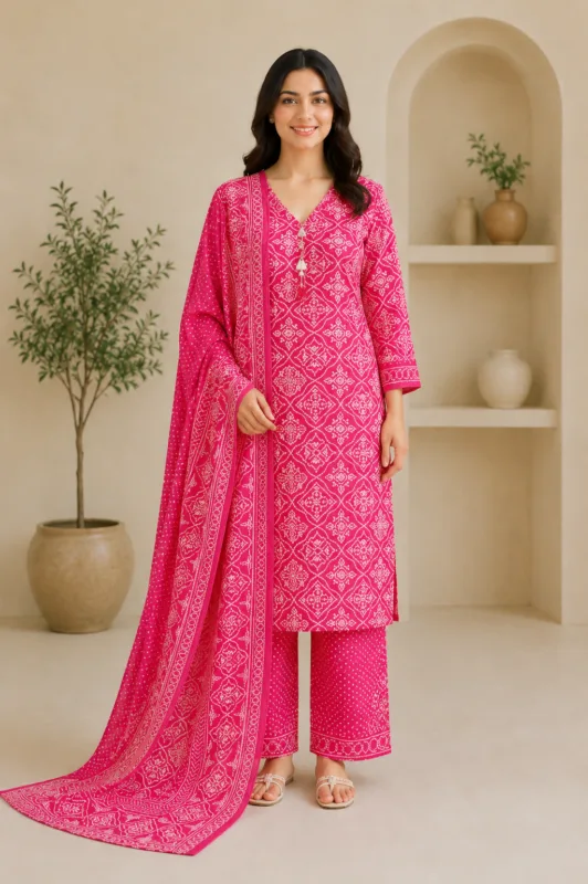 Ladies Rani Pink Bandhani Print Cotton Suit Set