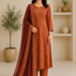 Ladies Rust Orange Floral Print Cotton Suit Set