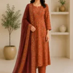 Ladies Rust Orange Floral Print Cotton Suit Set