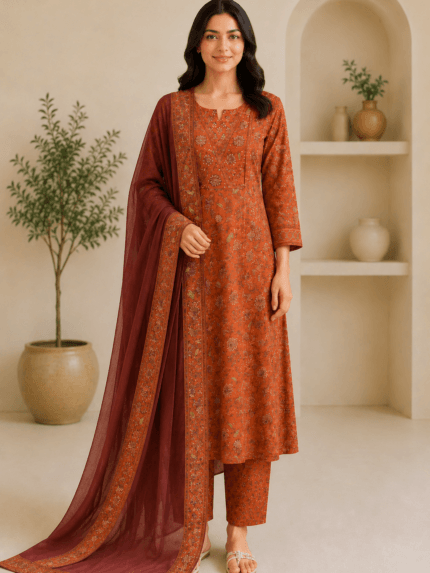 Ladies Rust Orange Floral Print Cotton Suit Set