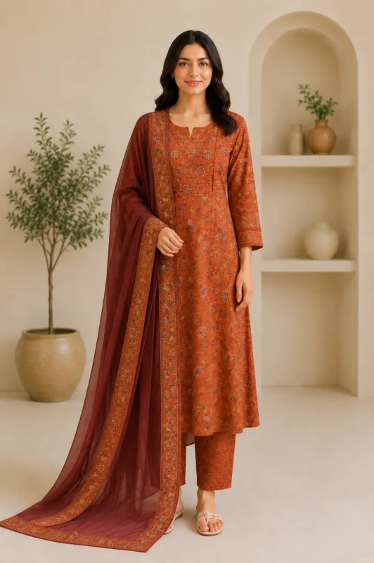 Ladies Rust Orange Floral Print Cotton Suit Set