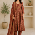 Ladies Rust Red Ajrakh Print Cotton Anarkali Suit Set