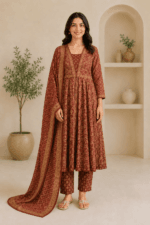 Ladies Rust Red Ajrakh Print Cotton Anarkali Suit Set