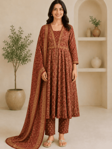 Ladies Rust Red Ajrakh Print Cotton Anarkali Suit Set