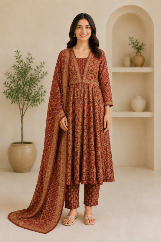 Ladies Rust Red Ajrakh Print Cotton Anarkali Suit Set