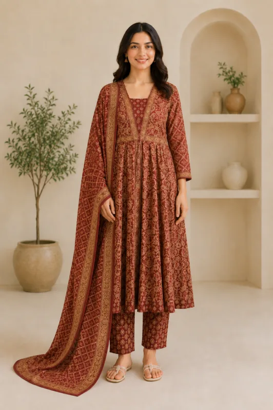 Ladies Rust Red Ajrakh Print Cotton Anarkali Suit Set