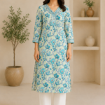 Ladies Sea Blue Floral Print Cotton Kurti